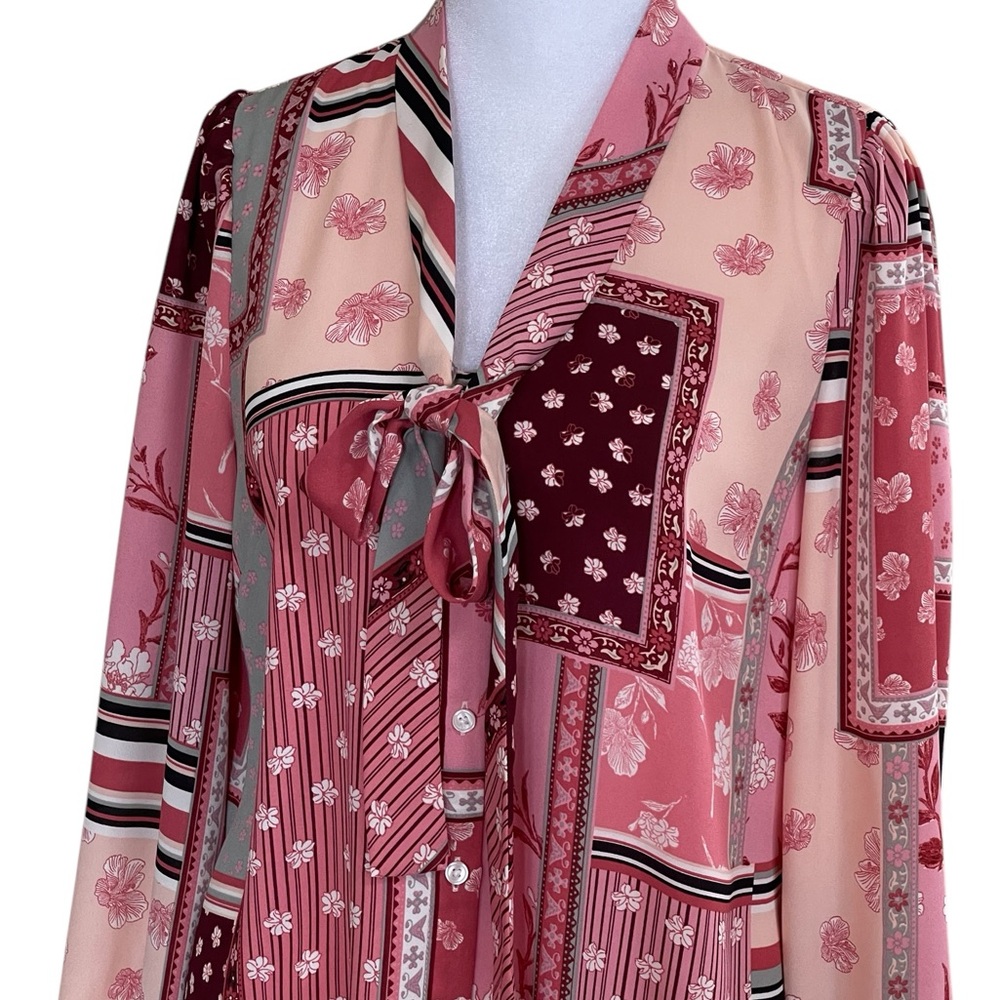 Talbots Tie Neck Button Up Top Sz S P Pink Burgundy Floral Patchwork Blouse
